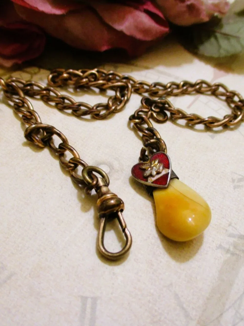Vintage LOOM Tooth Watch Fob Chain, Guilloche Enamel Heart, Gold Filled
